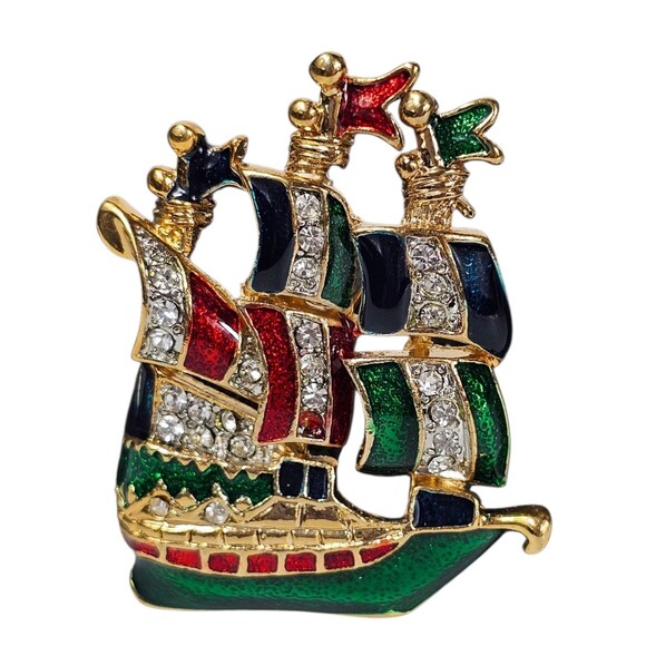 Vintage Sailing Ship Brooch Enamel & Rhinestone Multicolor Gold Tone Jewelry - Picture 1 of 3